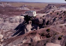 Another angle of the rare camper parked in a rugged, scenic location.